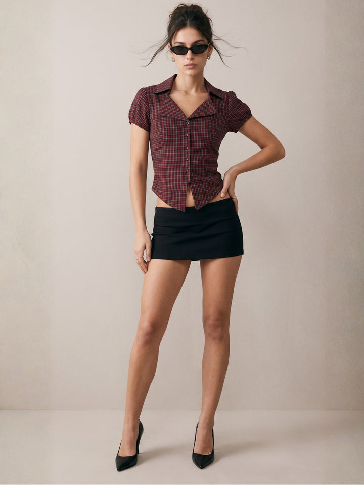 Wine Checkered Fitted Button Down Shirt With Back Belt Detail