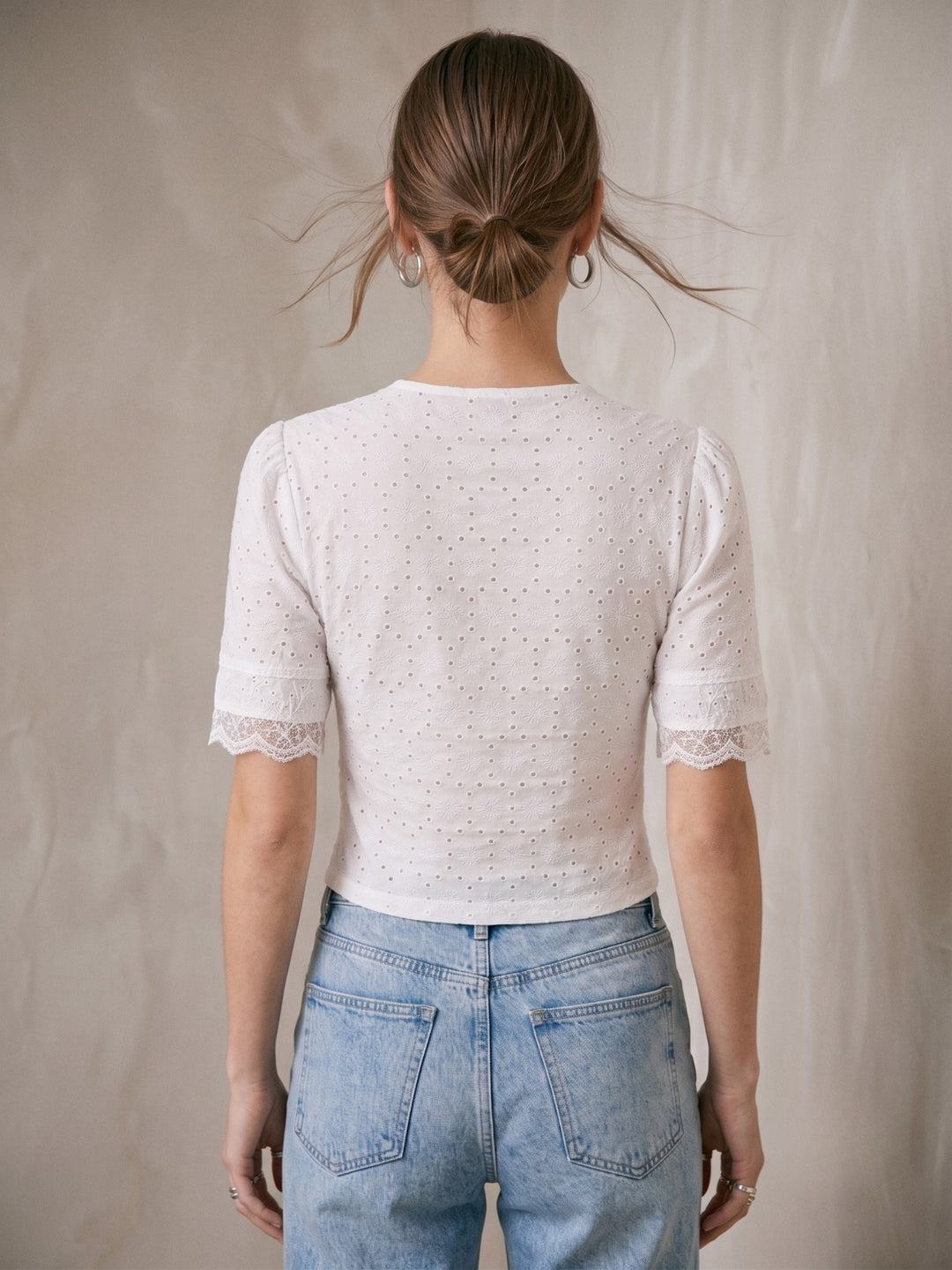 White V Neck Scalloped Lace Button Down Top