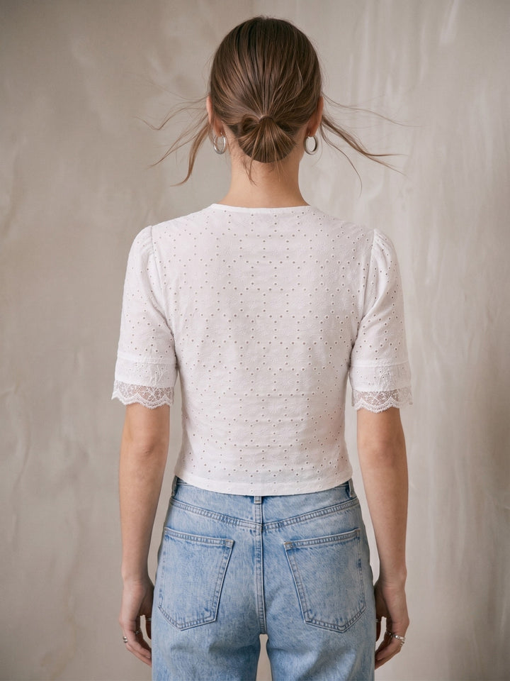 White V Neck Scalloped Lace Button Down Top