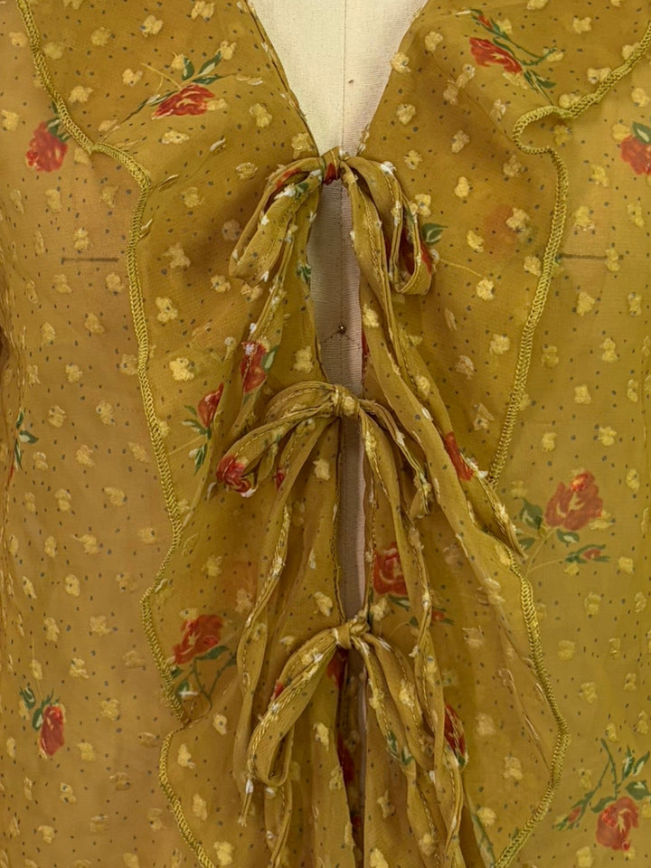 Mustard All Over Printed Front Open Styled Top