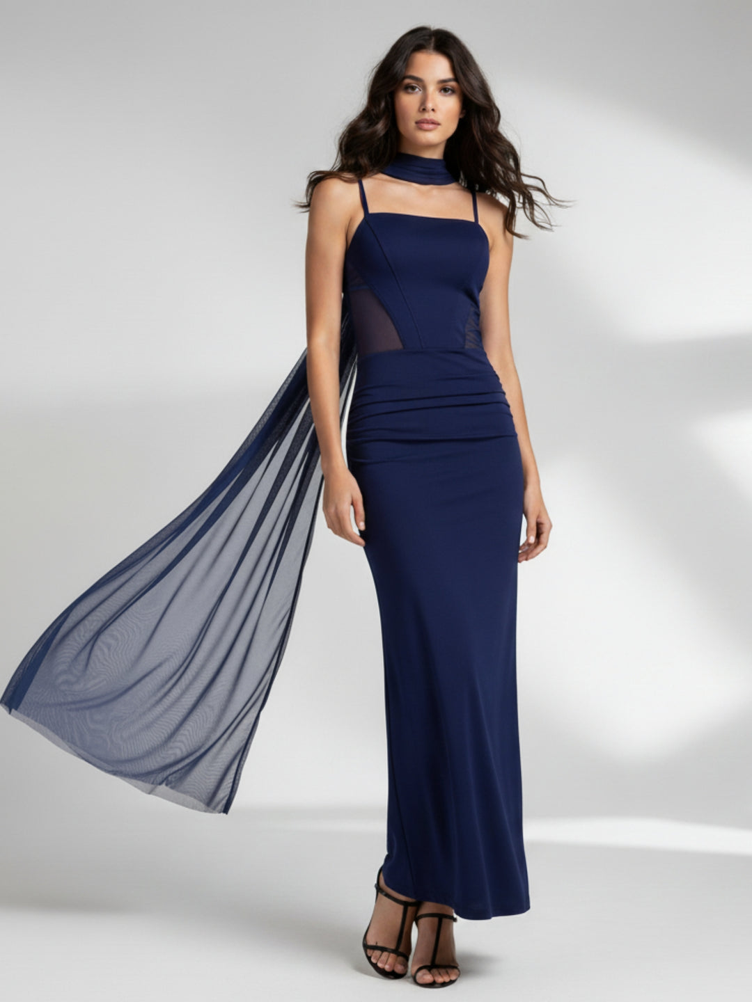 Navy blue Corset-style dress with neck scarf detail