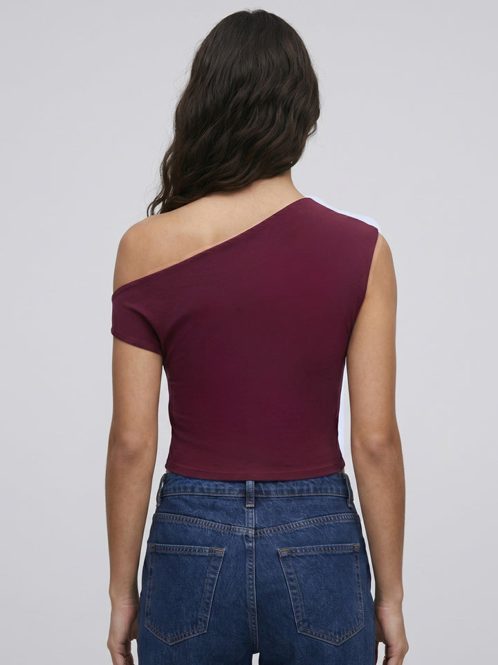 Wine Asymmetrical Neck Wine Top With Buckle Trim