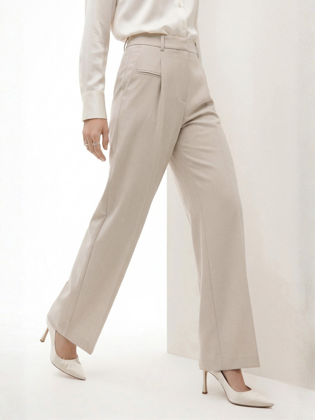 Beige High Waist Front Pleated Pants