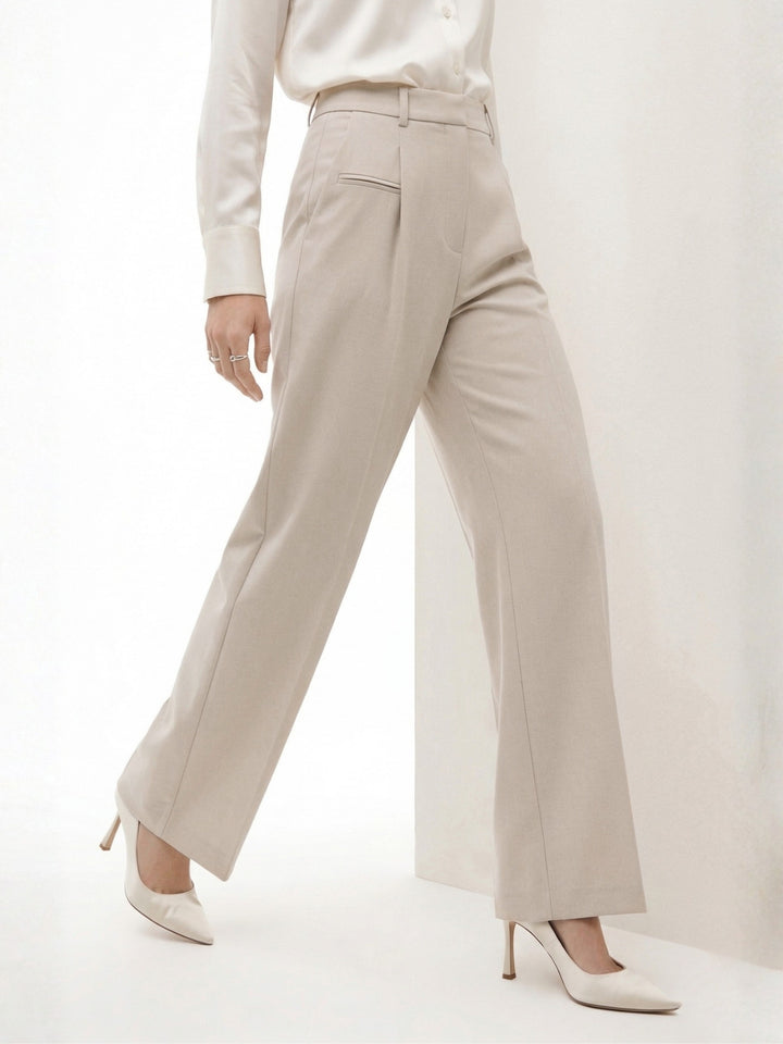 Beige High Waist Front Pleated Pants