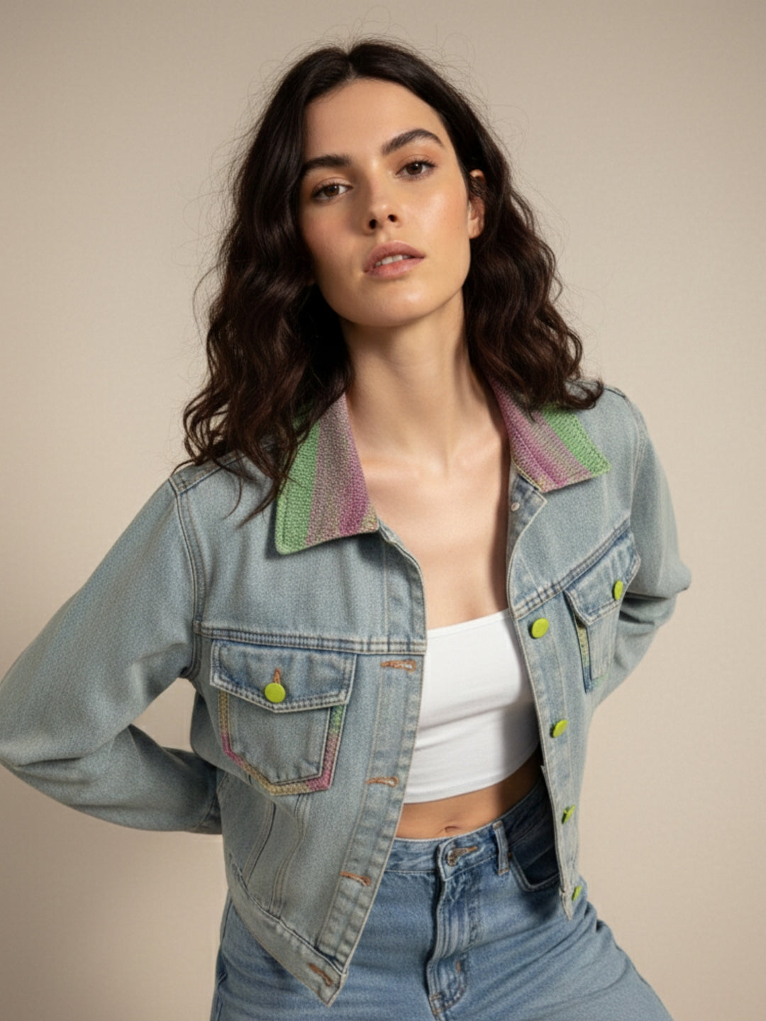 Blue Contrast Coloured Buttons And Collared Denim Jacket