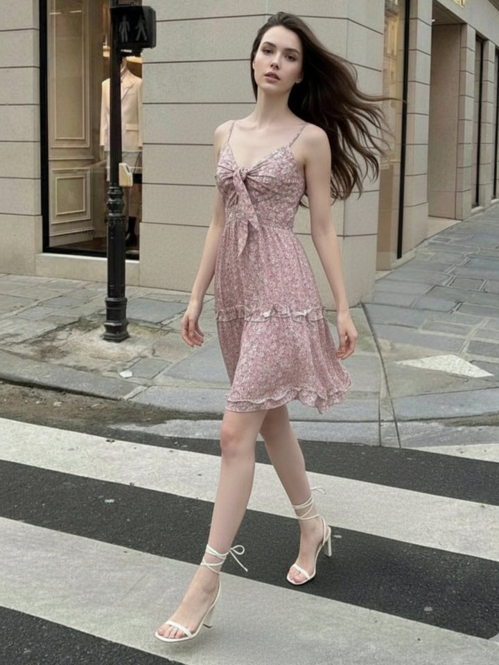 Pink Spaghetti Strap Front Tie-Up Dress