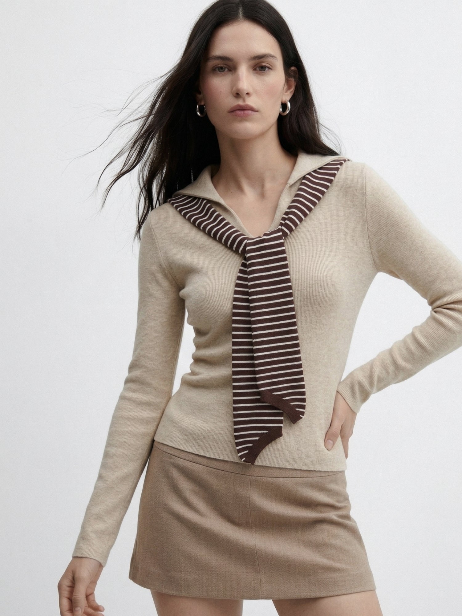 Cream Full Sleeve V Neck Tie Up Top