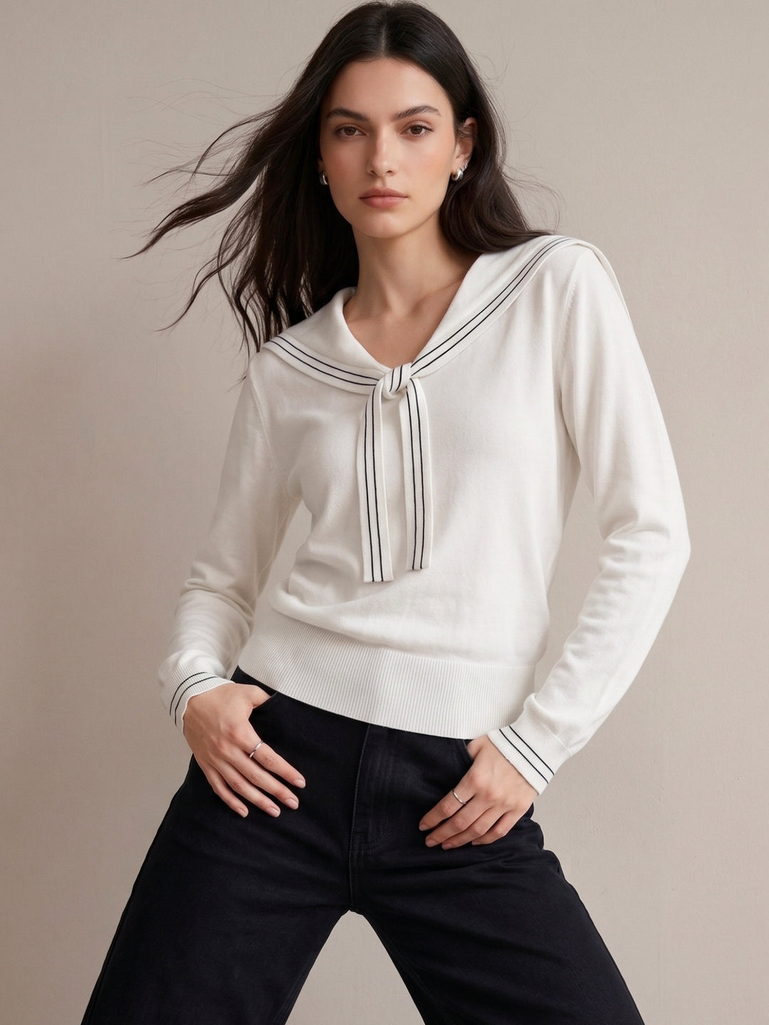 White Collar & Tie Detail Sweater