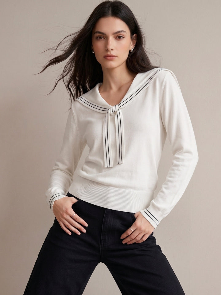 White Collar & Tie Detail Sweater