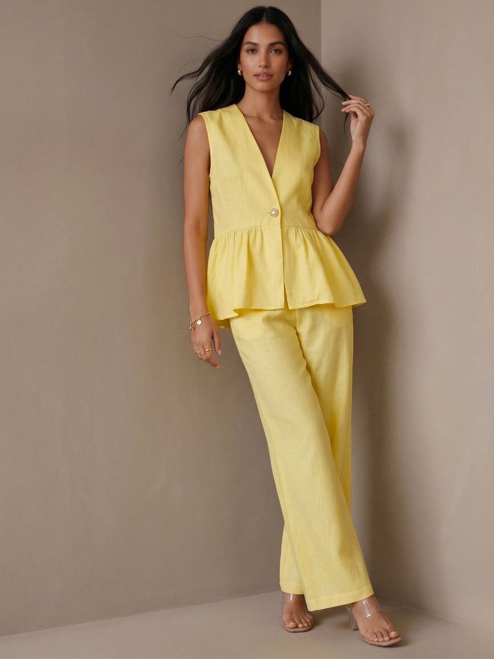 Yellow Sleeveless V Neck Top And Pant Set