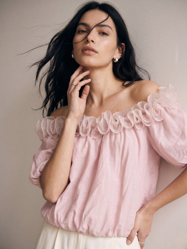 Pink Ruffle Neck Puff Sleeve Top