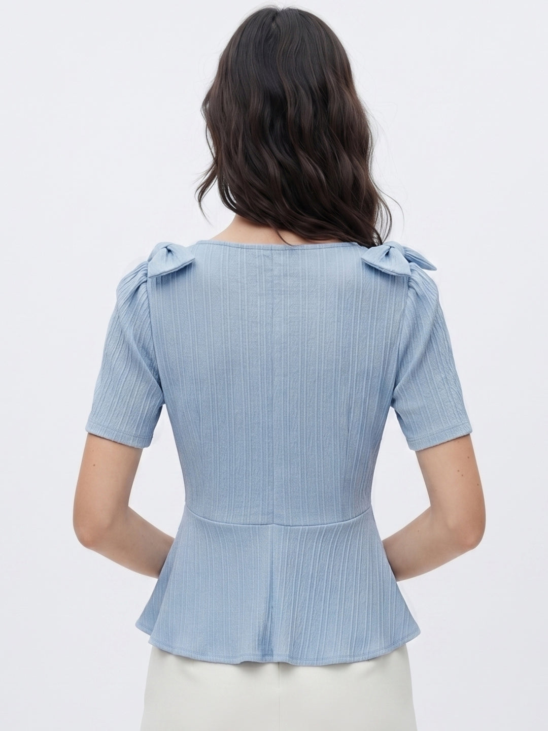 Light Blue Shoulder Bow Front Buttoned Textured Top
