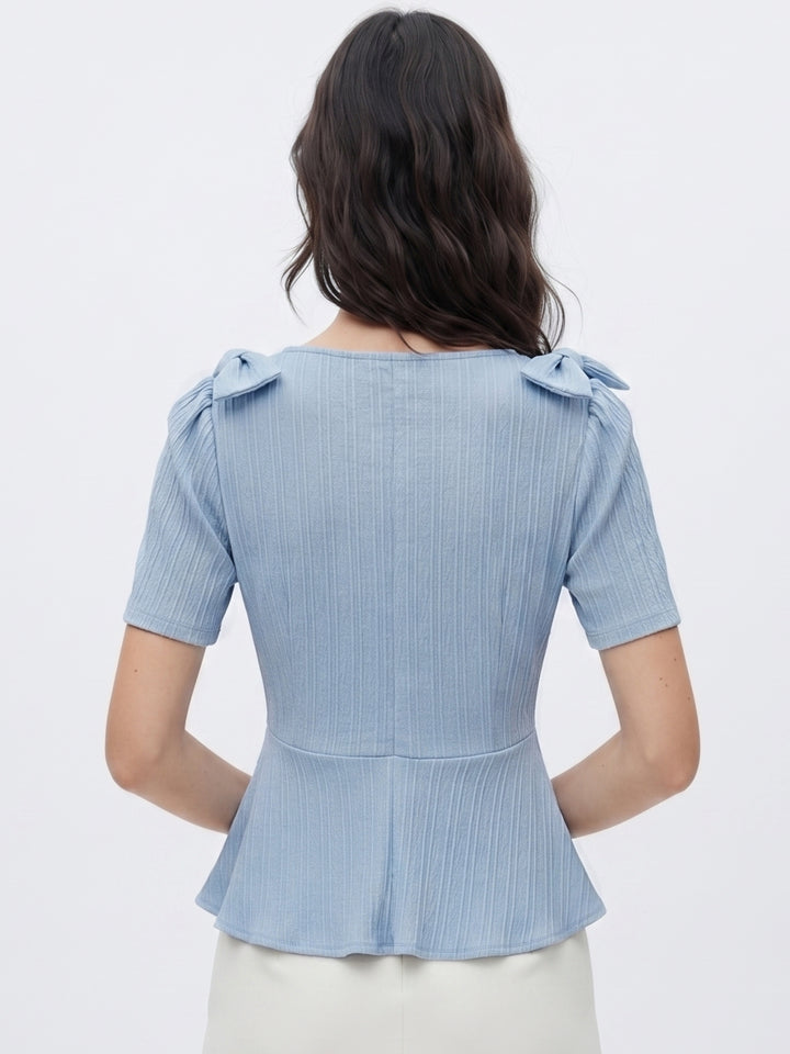 Light Blue Shoulder Bow Front Buttoned Textured Top