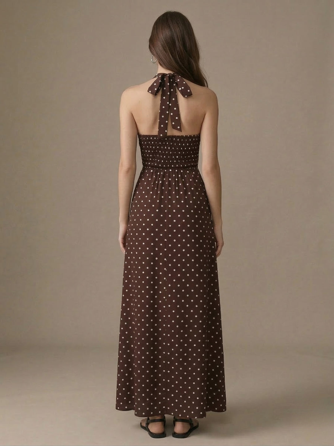 Brown Halter Neck Polka Printed Dress