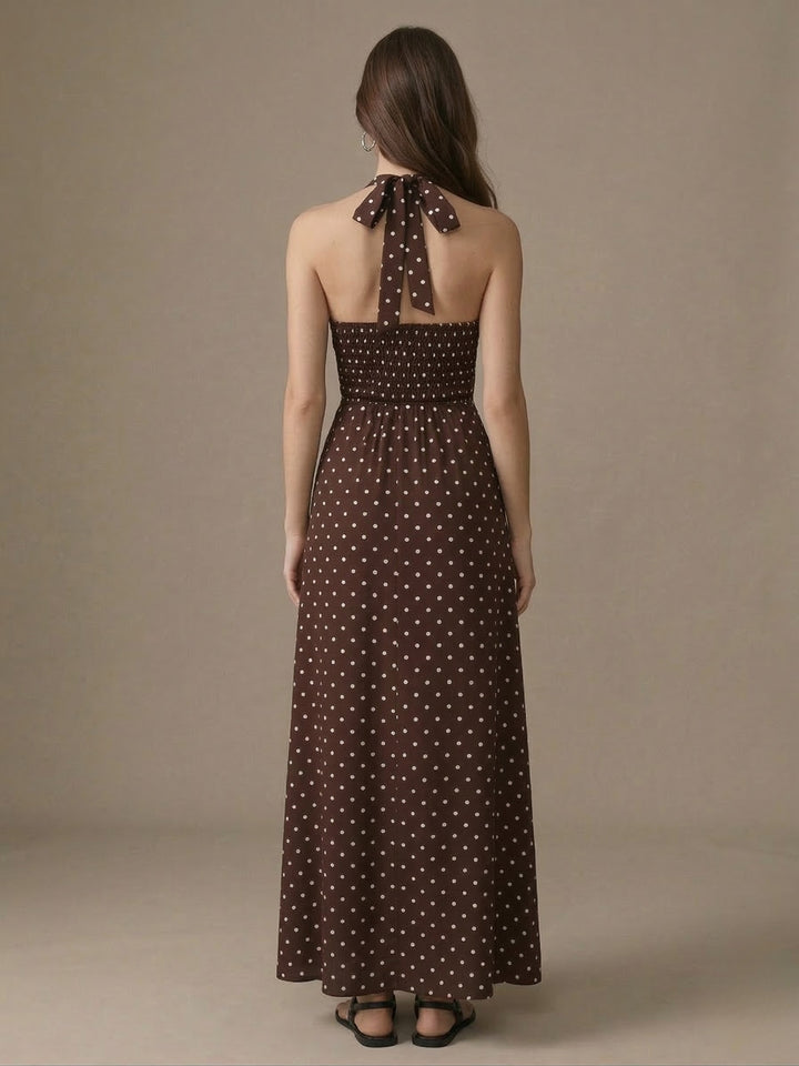 Brown Halter Neck Polka Printed Dress