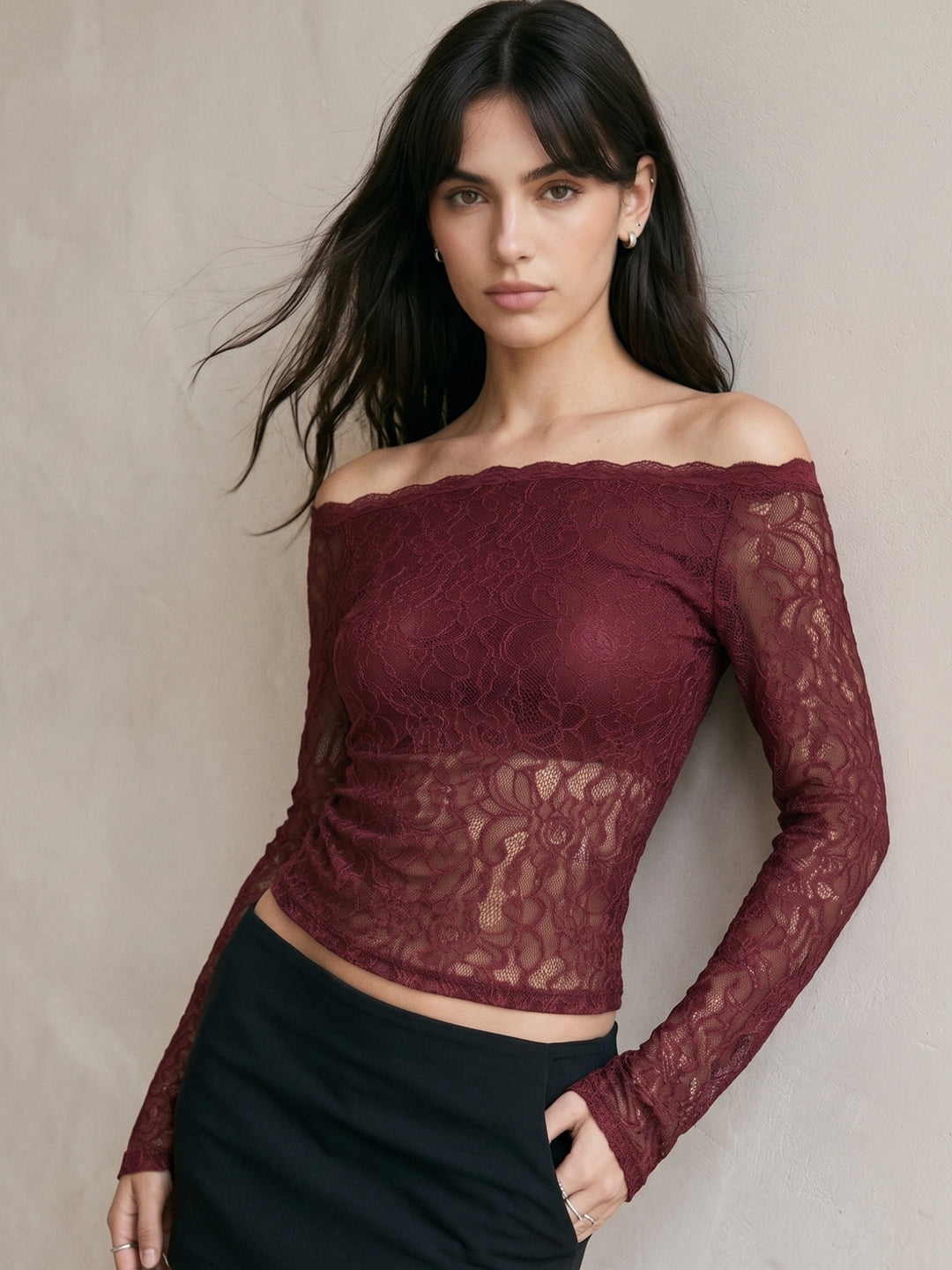Wine Off Shoulder Mesh Fitted Top
