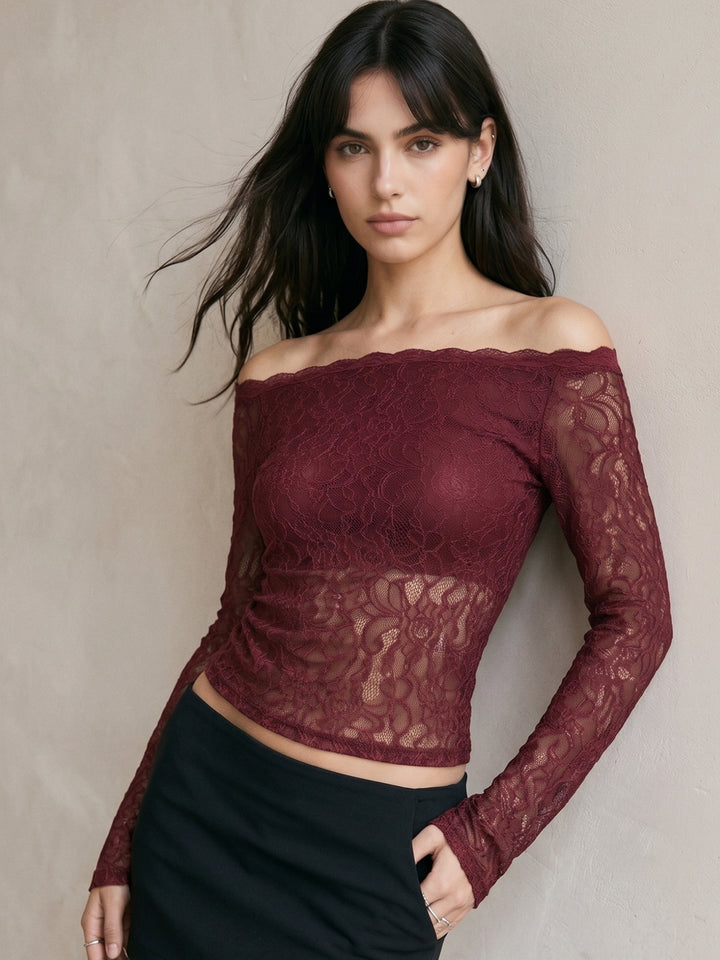 Wine Off Shoulder Mesh Fitted Top
