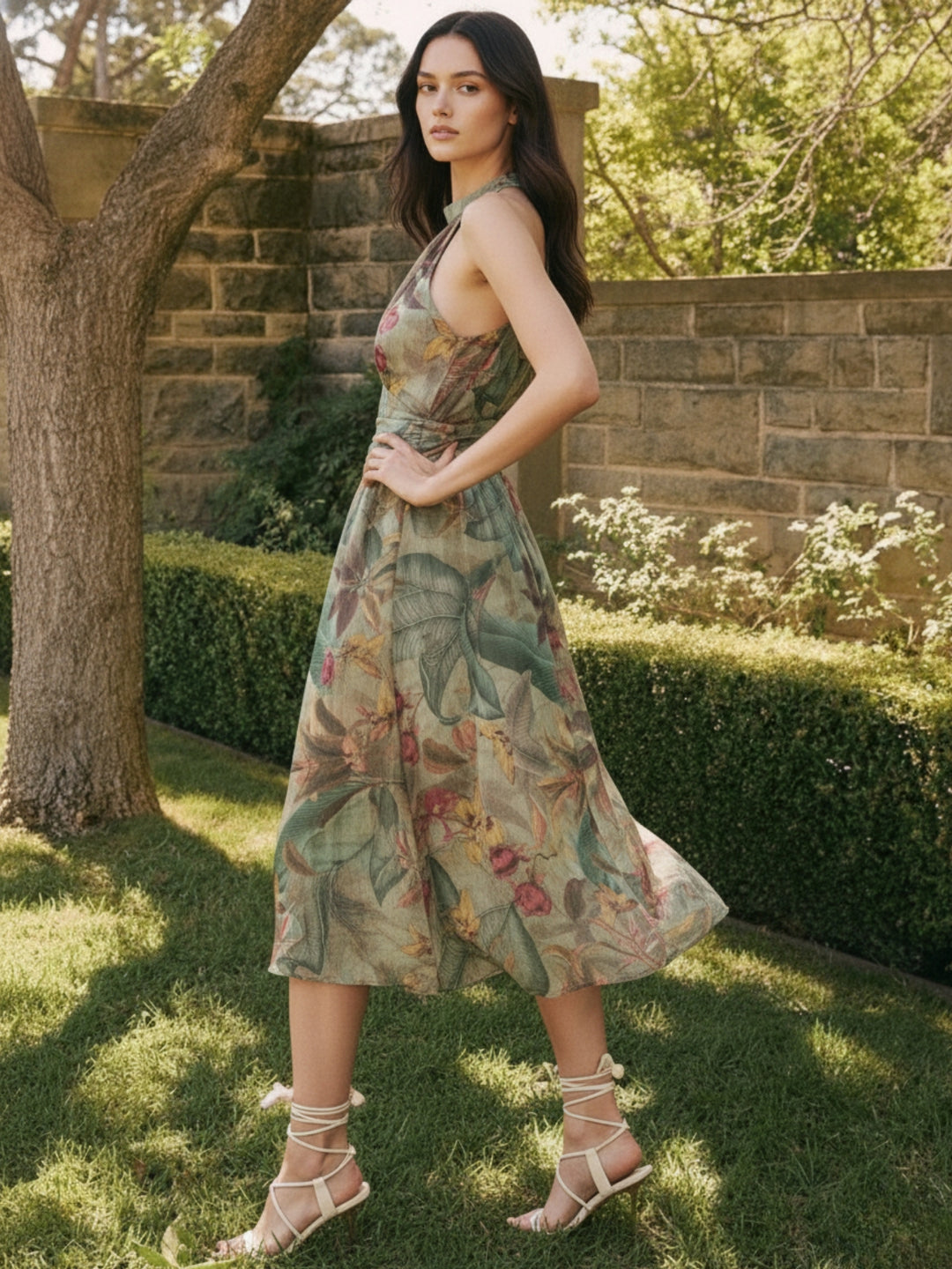 Green Printed  halter-neck maxi dress