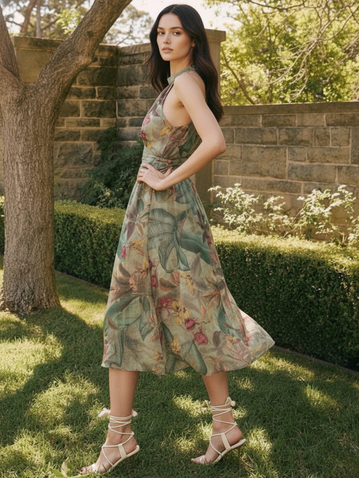 Green Printed  halter-neck maxi dress