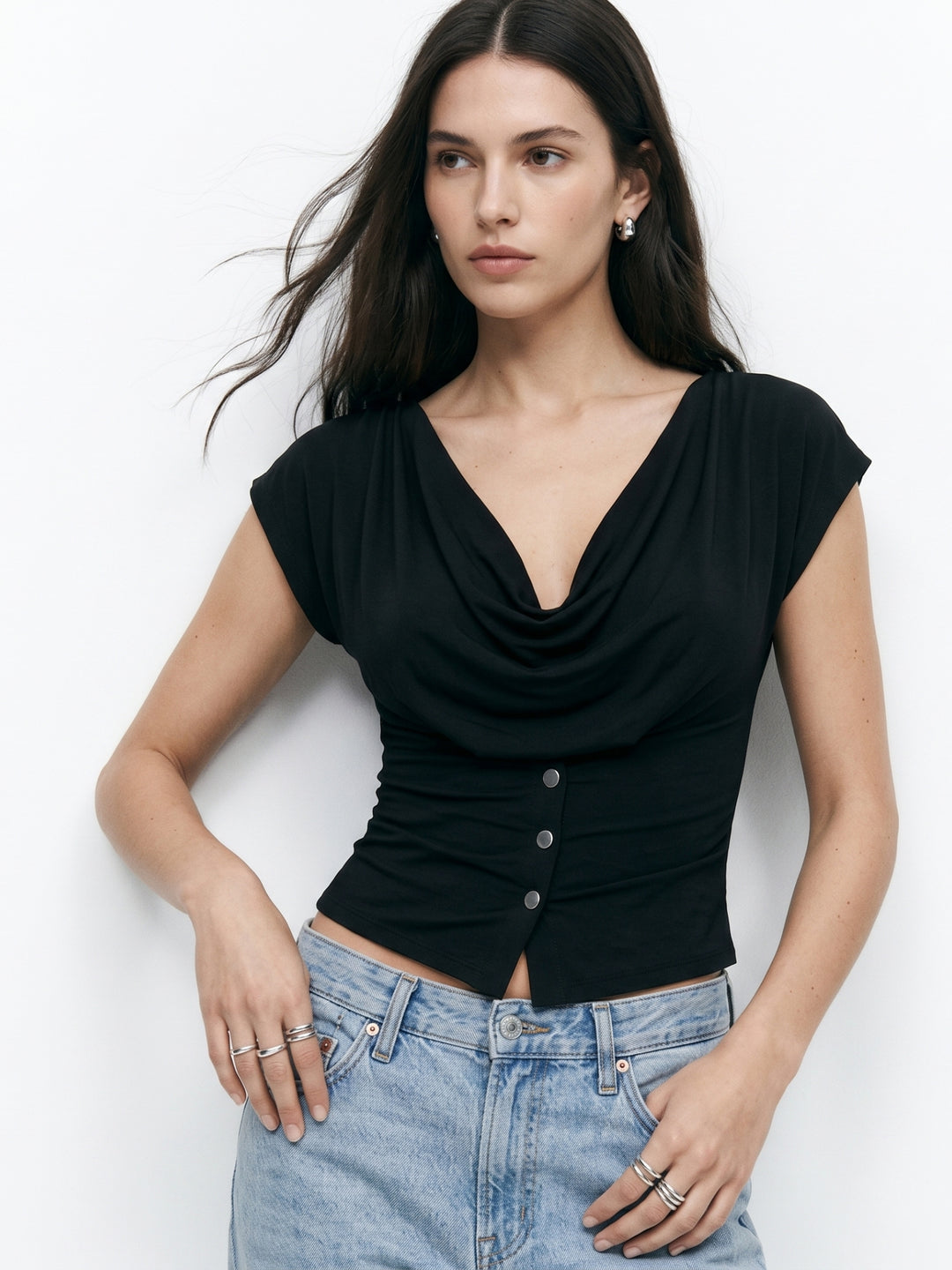 Black Short Sleeve Cowl Neck Front Buttoned Top