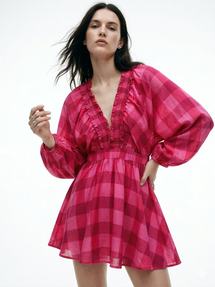 Pink Plunge Neck Bold Checkered Mini Dress