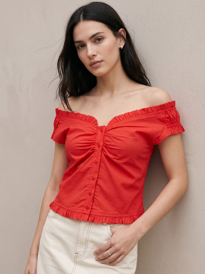 Red Off Shoulder Frill Details Blouse