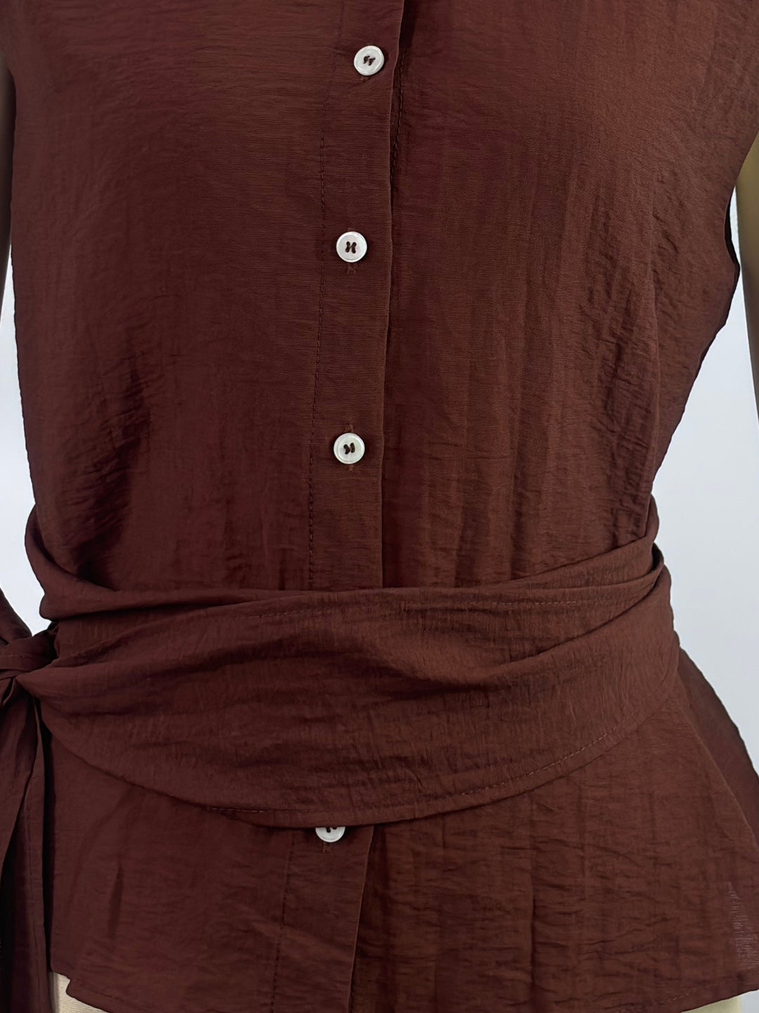 Brown Waist Tie-Up Front Buttoned Top