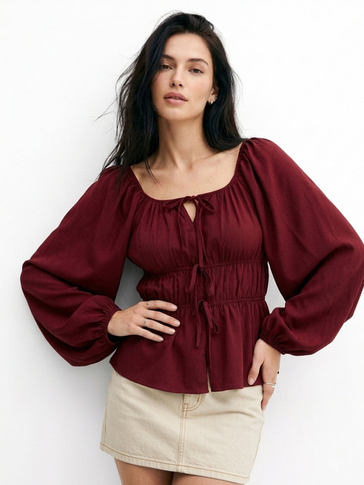 Maroon Regular Fit Square Neckline Long Sleeve Blouse With Bow Tie Detail In Textured Rivera Cerepe Fabric