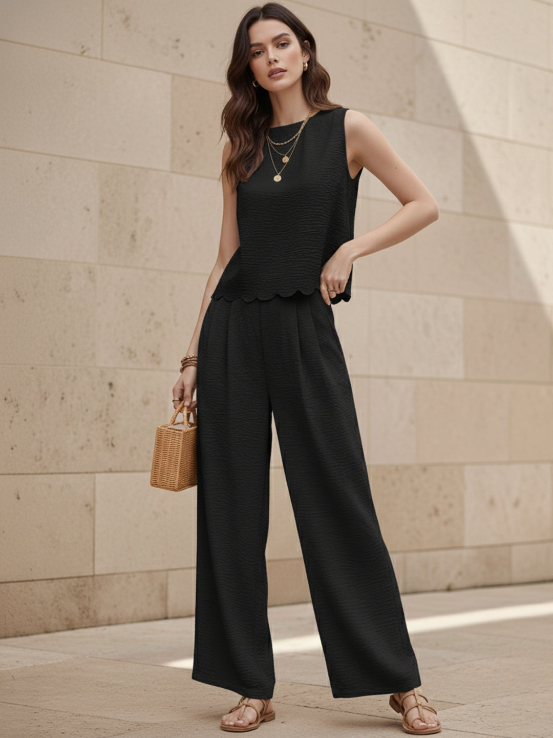 Black Sleeveless Scallop Hem Back Tie Top Up And Pant Set
