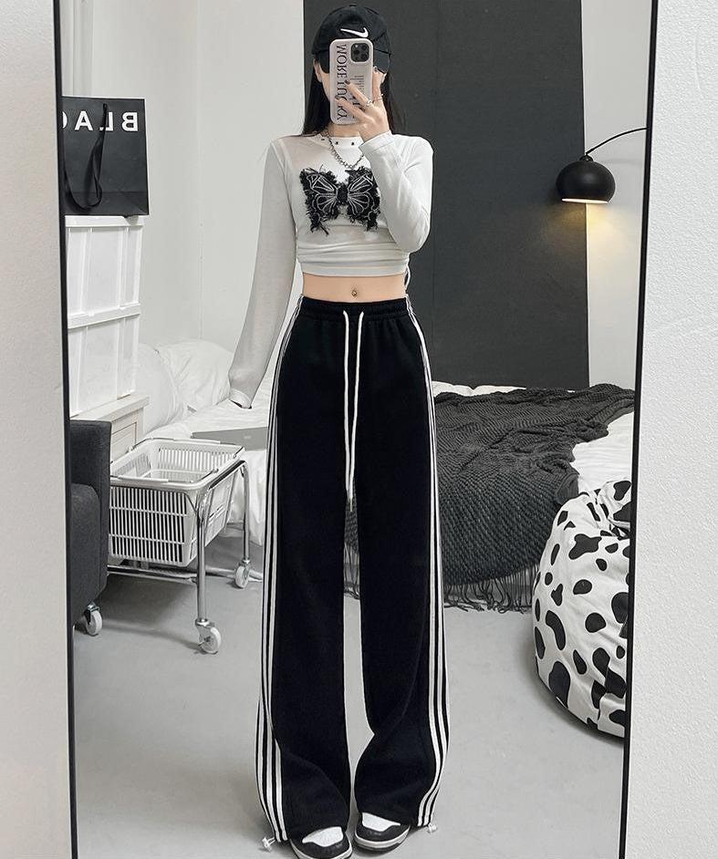 Black Wide Leg Drawstring Stripe Jogger