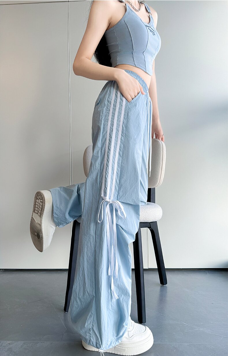 Light Blue Wide Leg Drawstring Stripe Pin Tuck Sweatpants