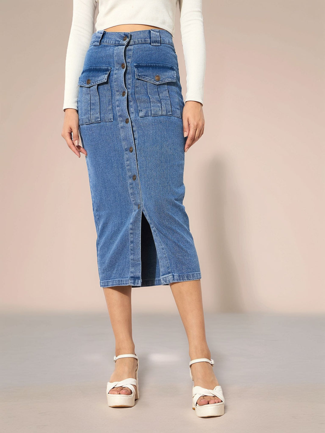 Blue High Waist Front Slit Denim Skirt