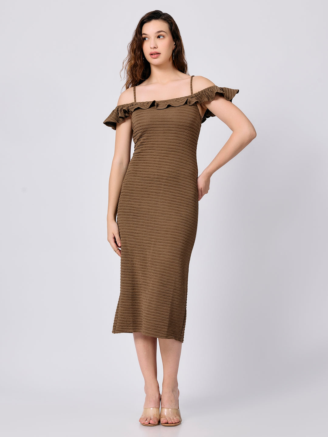 Olive Fitted Midi Textured Dress With Ruffle Detail