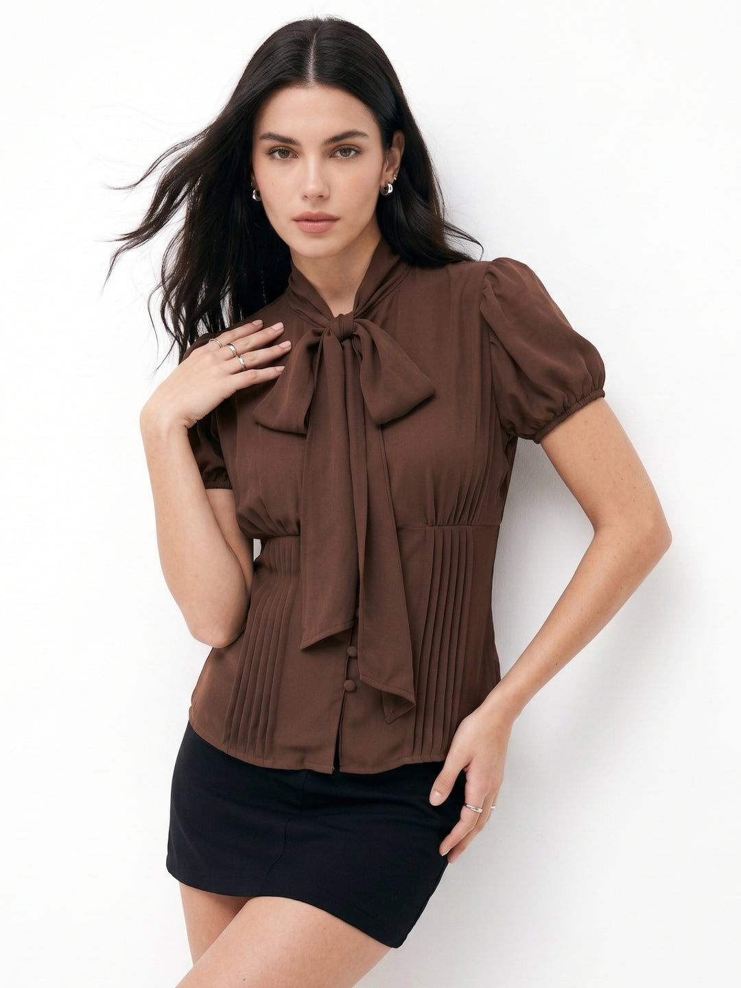 Brown Fitted Blouse With Neck Scarf