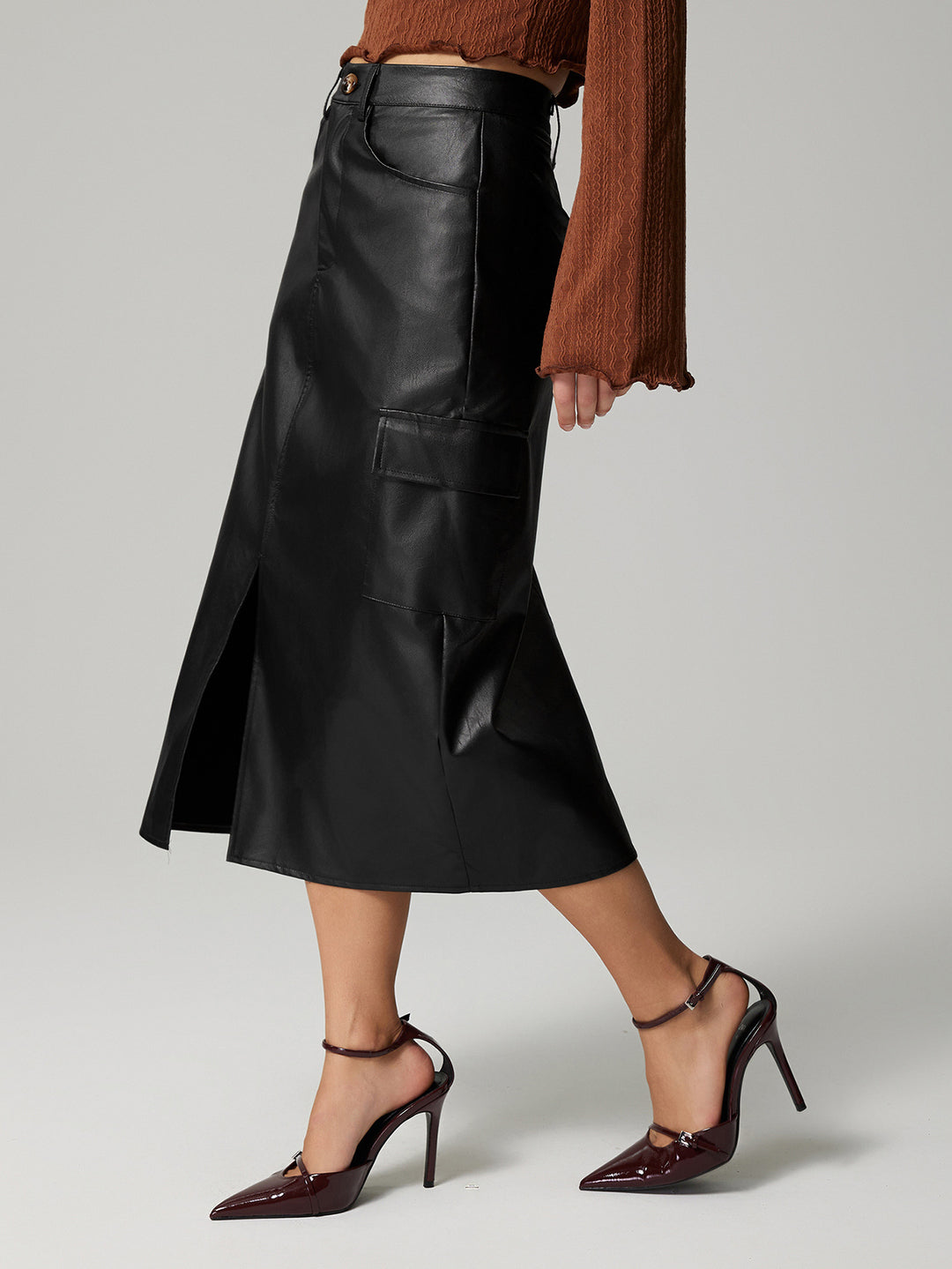 Black Midi Solid Pu Skirt