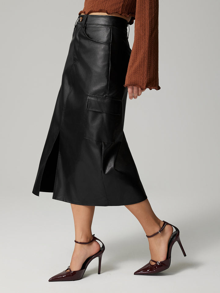Black Midi Solid Pu Skirt
