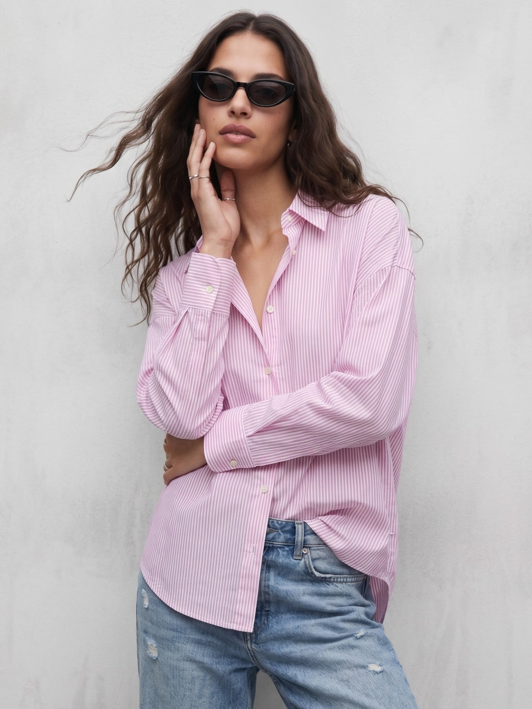 Pink Oversized Drop Shoulder Y/D Stripe Shirt