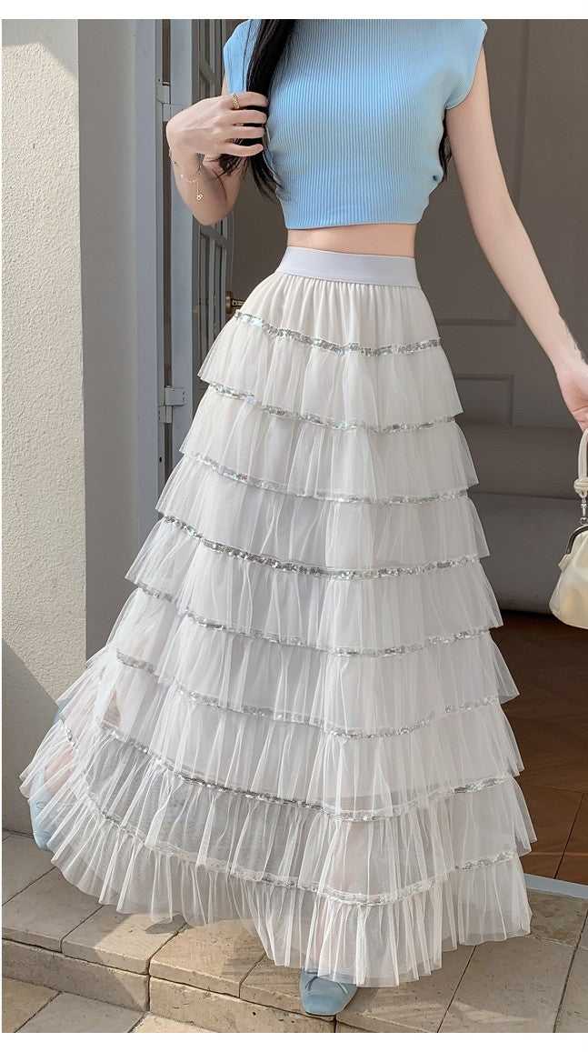 White Solid Tiered Skirt With Tonal Borders