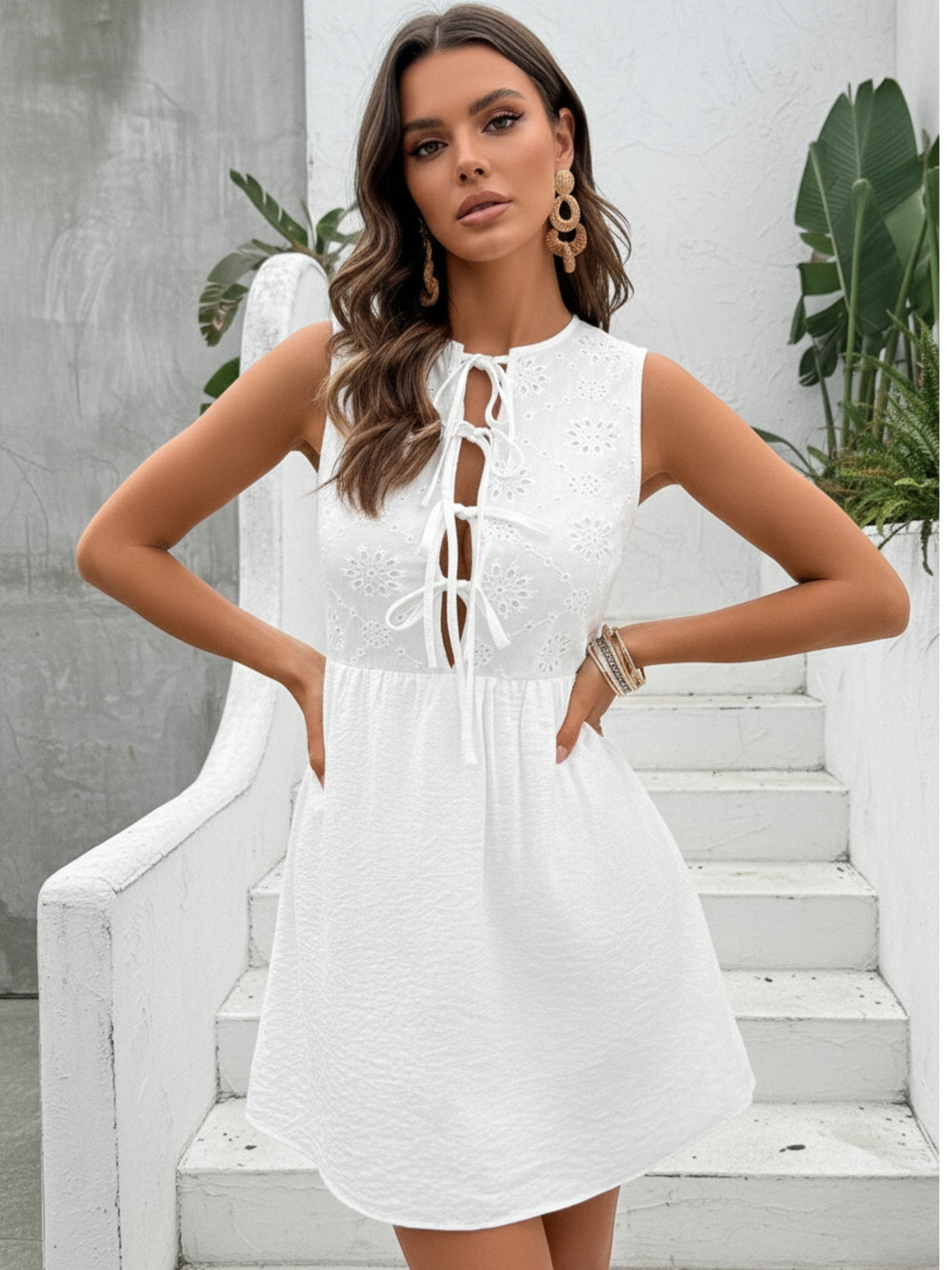White Sleeveless Front Tie-Up Dress