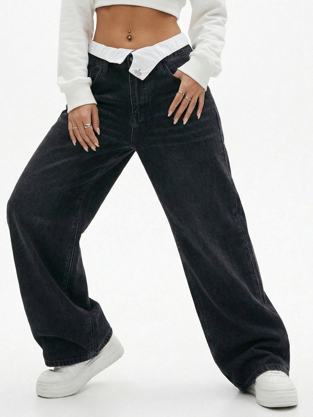 Black Contrast Waist Band Denim