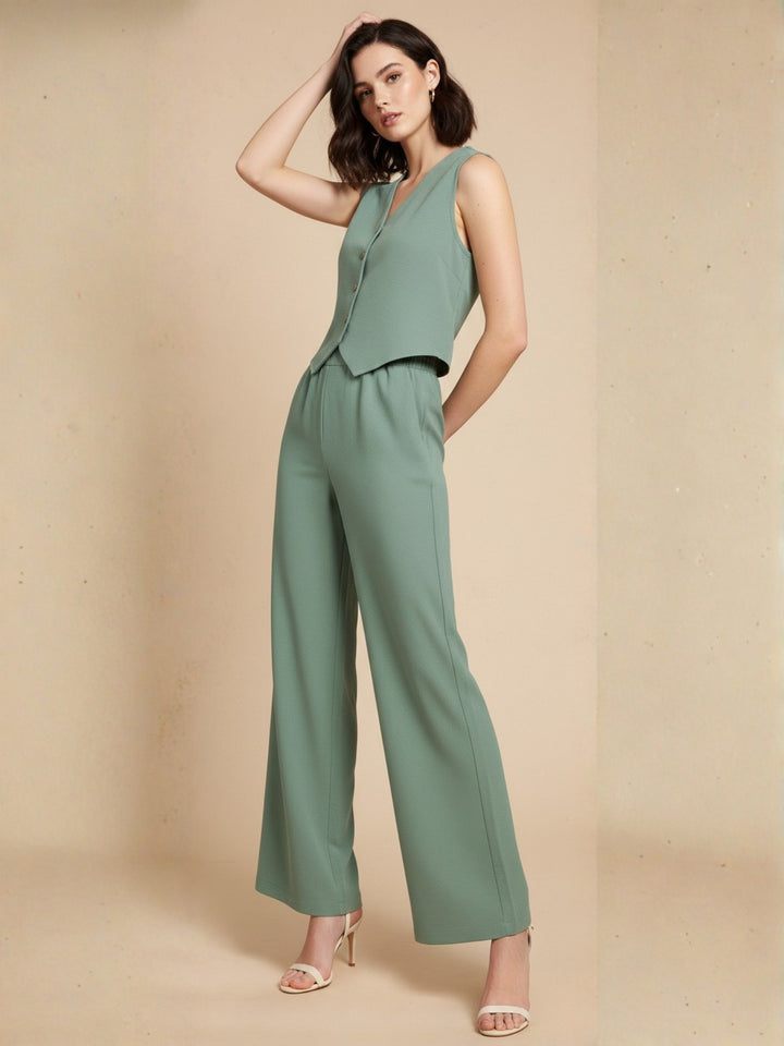 Green Button Down Vest And Pant Co-Ord Set