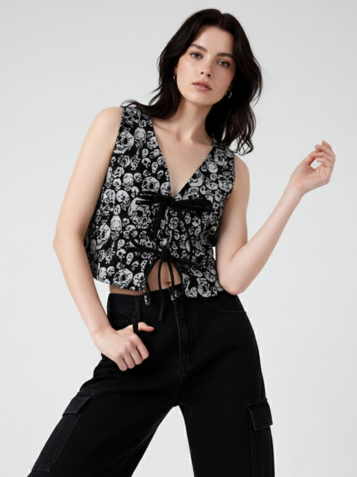 White Sleeveless Front Tie-Up Printed Top