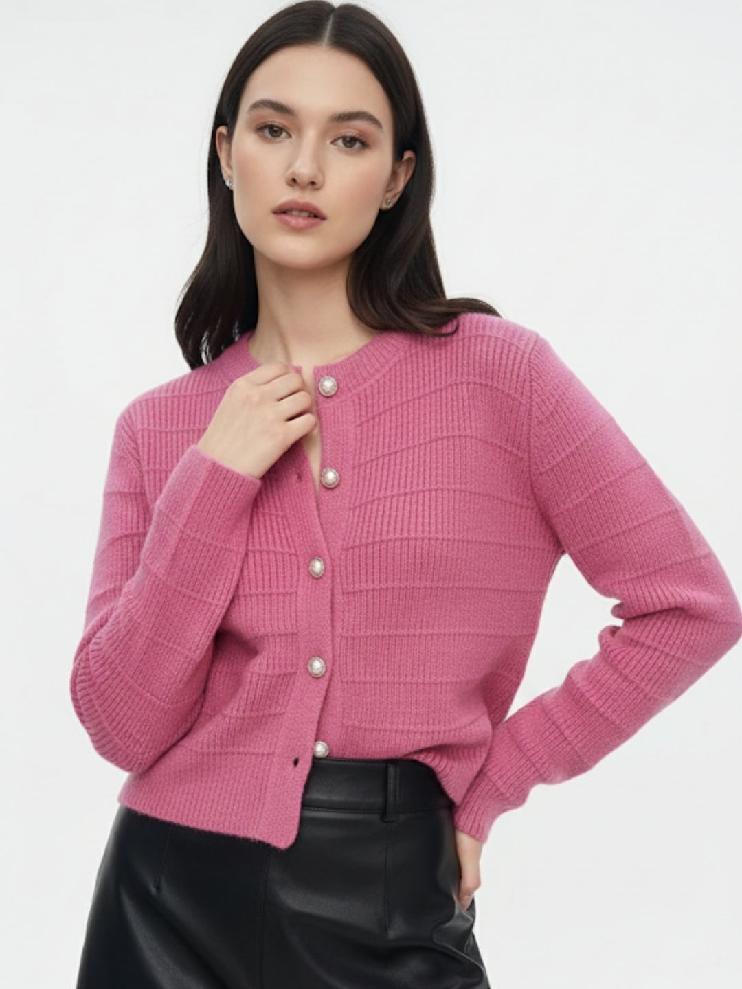 Pink Full Sleeve Textured Front Button Cardigan