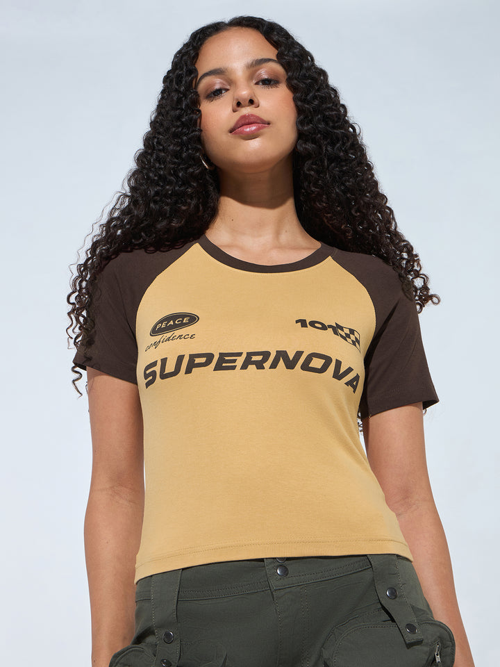 Beige Crew Neck Graphic Tshirt