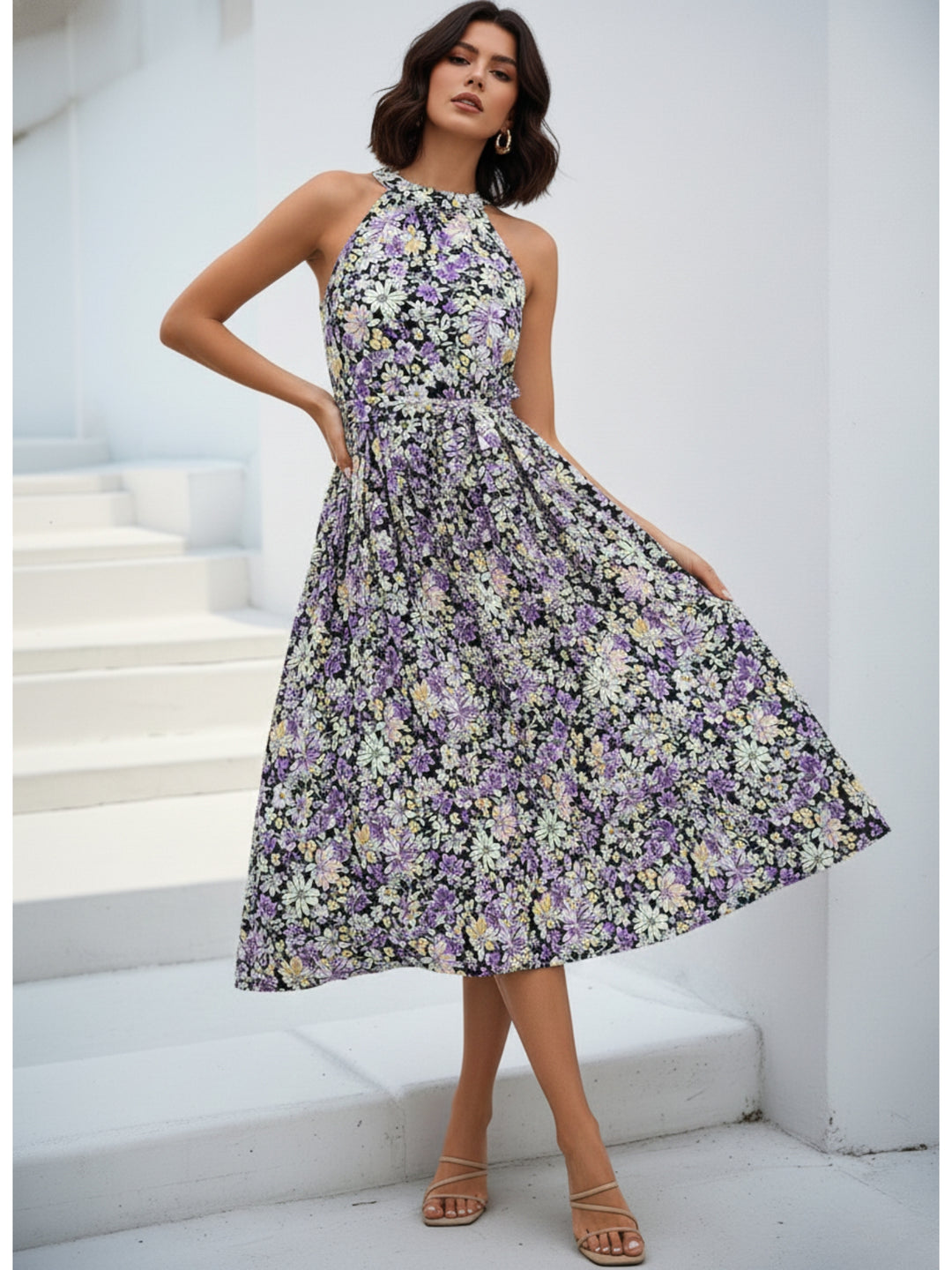 Multi Halter Neck Printed Waist Tie-Up Dress