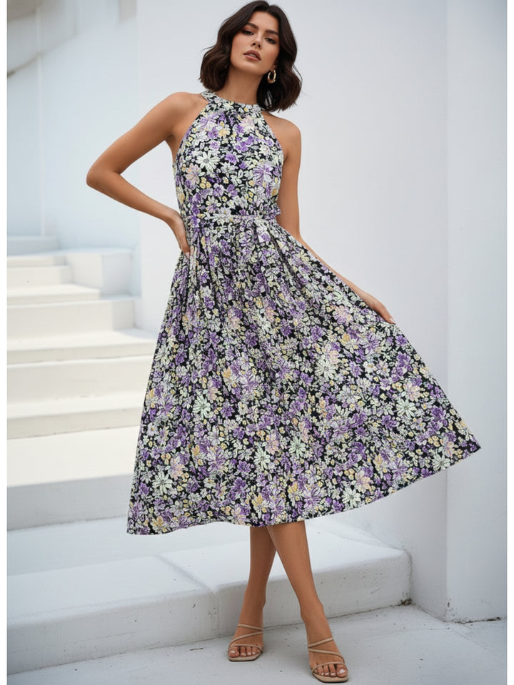 Multi Halter Neck Printed Waist Tie-Up Dress
