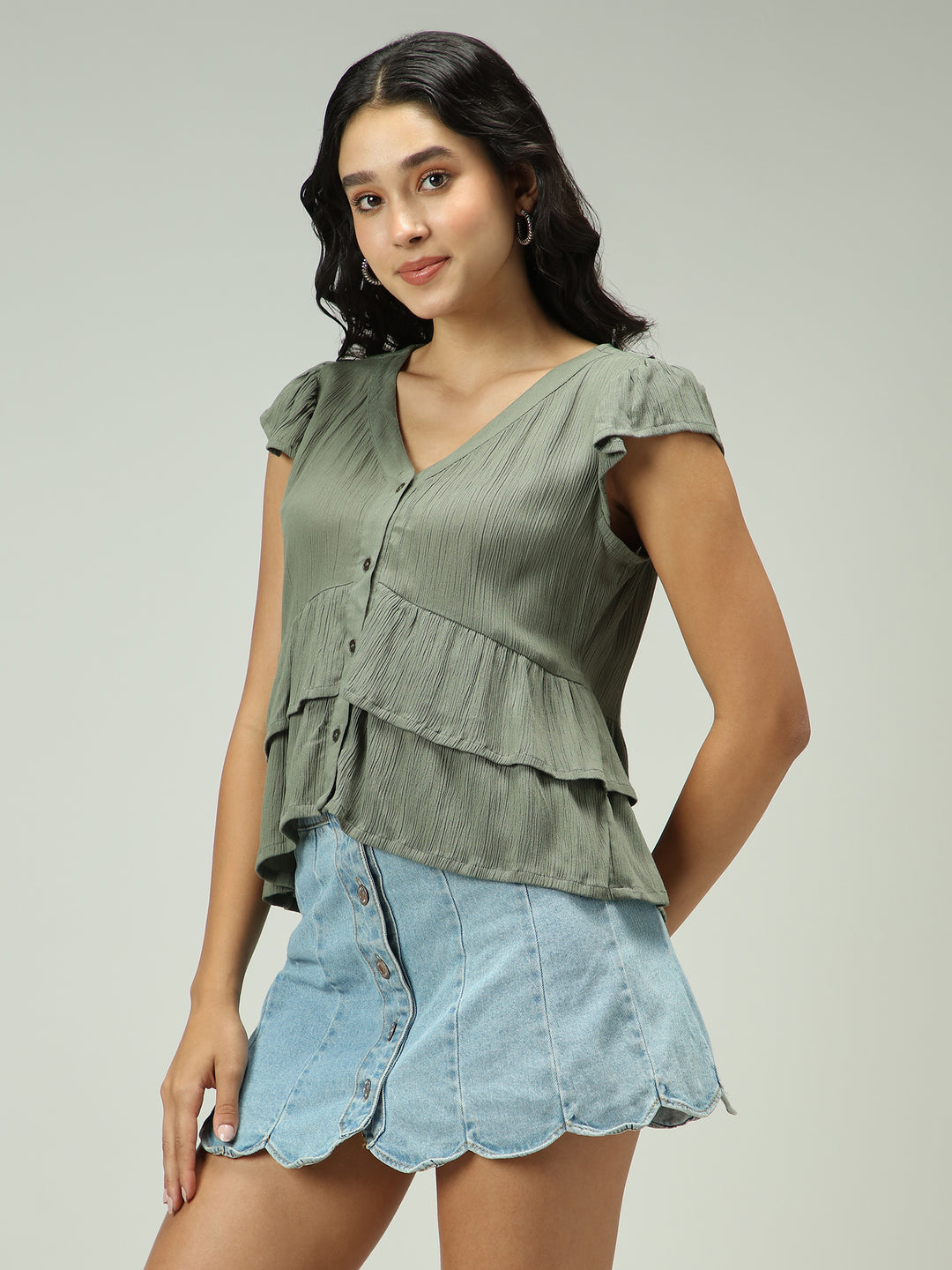 Olive Button Down Tiered Top