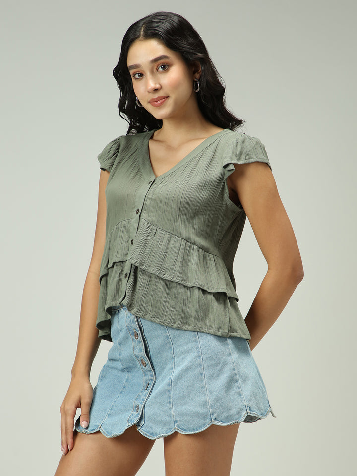 Olive Button Down Tiered Top