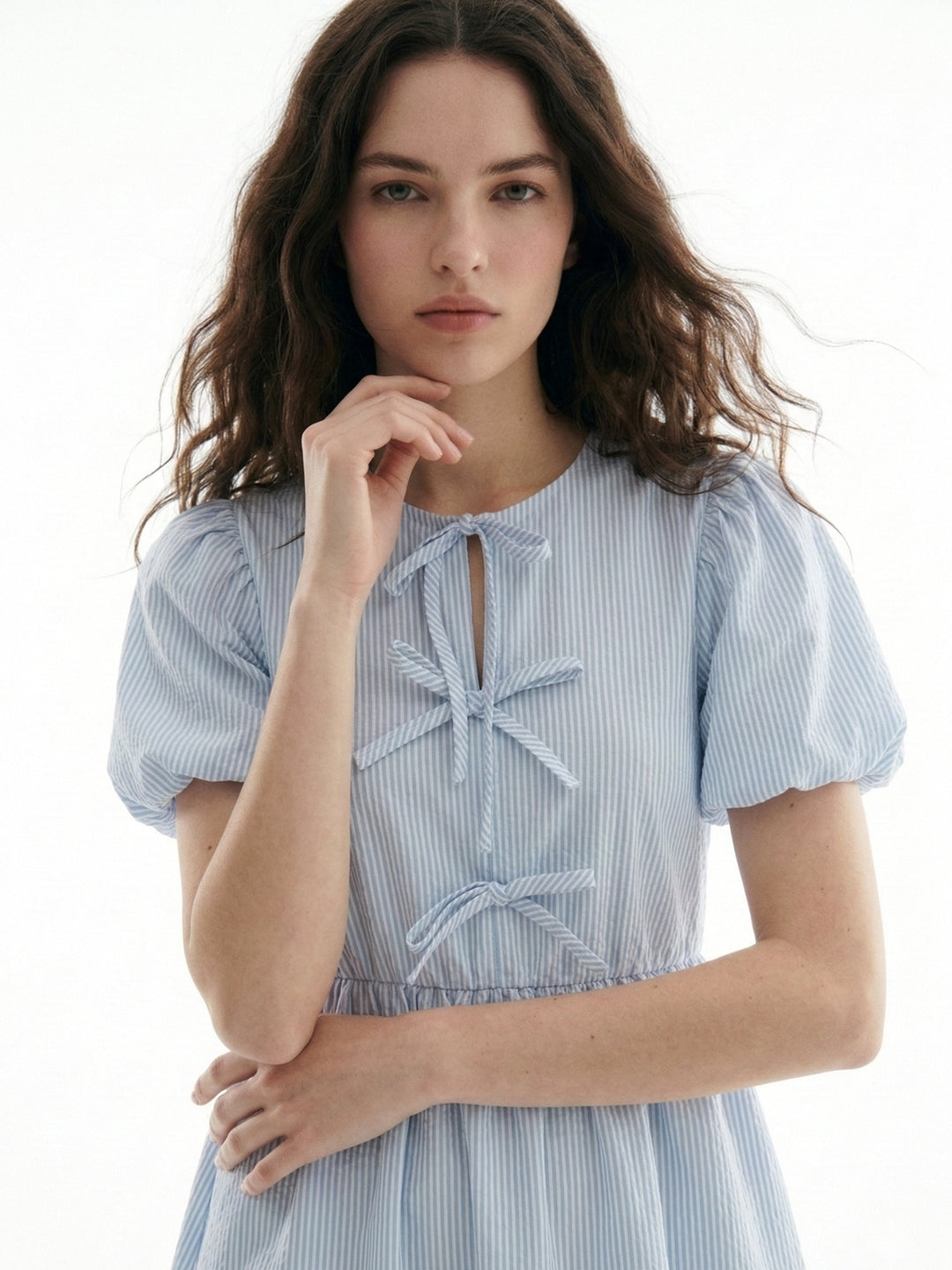 Blue Puff Sleeve Bow-Tie Dress