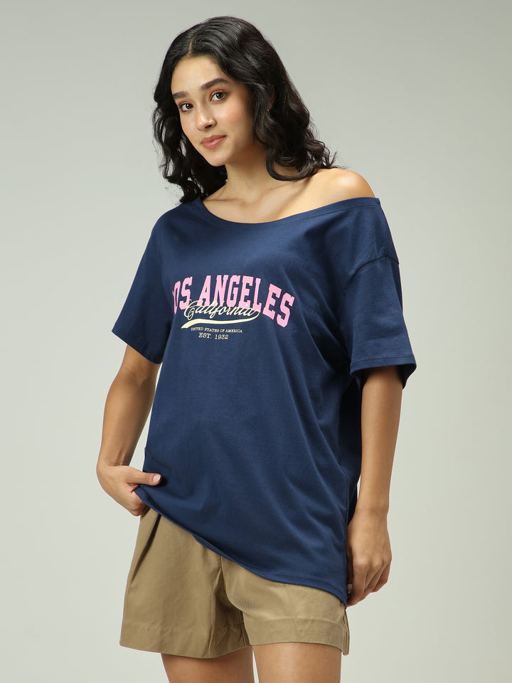 Navy Blue One Shoulder Graphic T-Shirt
